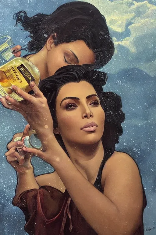 Prompt: a dramatic, epic, ethereal painting of a !!!gorgeous!!! kim kardashian sweating and oily offering a whiskey bottle | relaxing by a campfire | background is a late night with food and jugs of whisky | cute | stars, tarot card, art deco, art nouveau, mosaic, intricate | by Mark Maggiori (((and Alphonse Mucha))) | trending on artstation