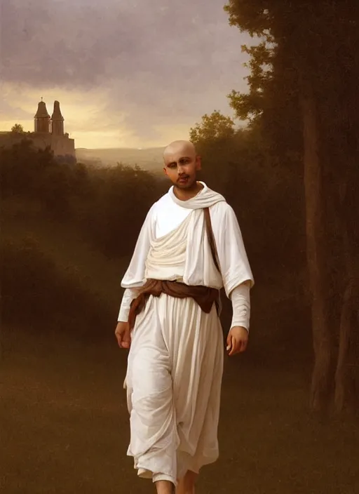 Prompt: oil painting portrait of a handsome young tonsured dominican monk in a white and brown habit, striding dancing through a flourishing garden at sunset with a monastery in the background, hazy, digital art, chiaroscuro, artstation, cinematic, golden hour, digital art painting by greg rutkowski, william - adolphe bouguereau, hazy atmosphere, flowers, cinematic lighting