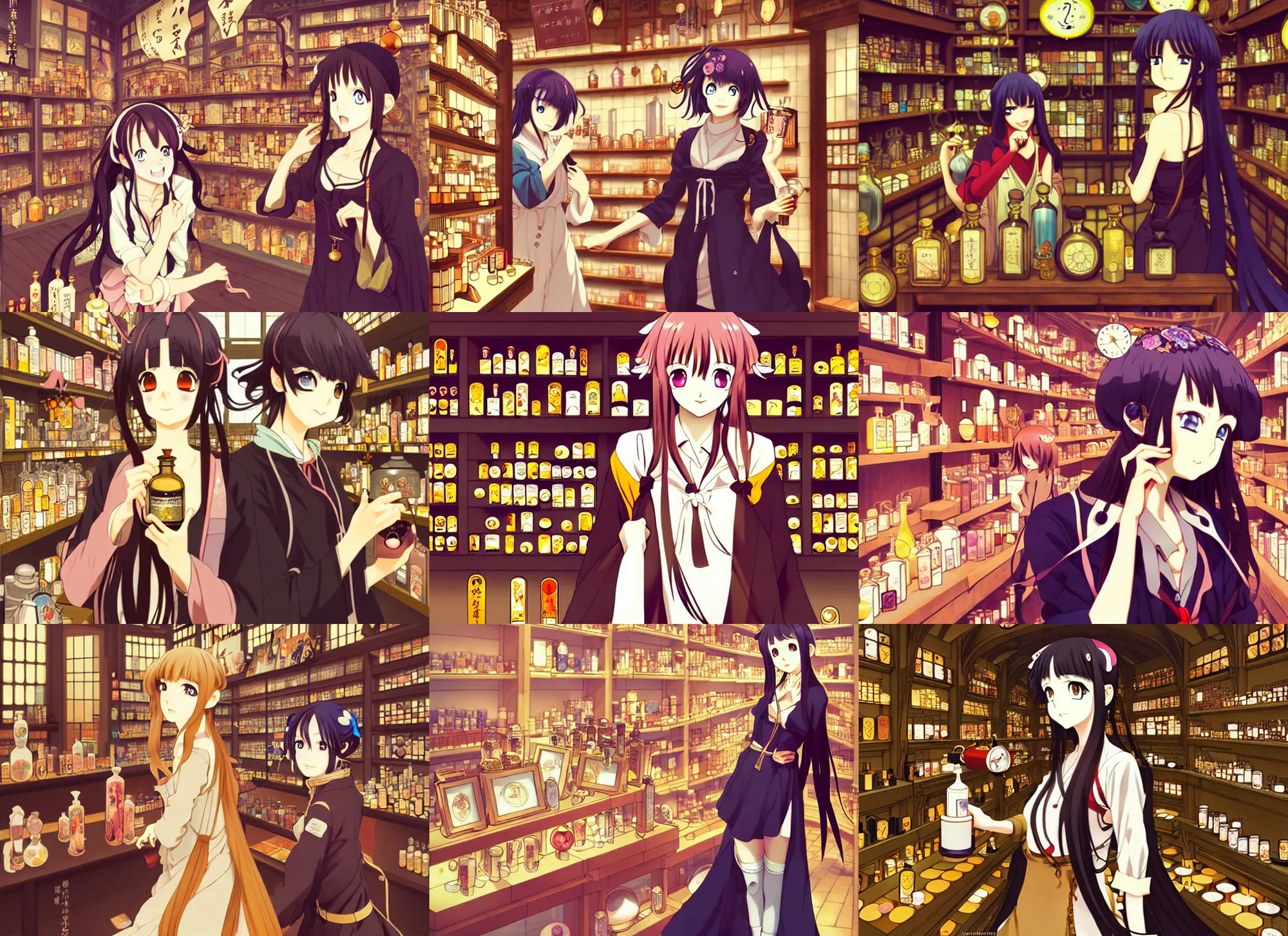 Prompt: lomography, anime, portrait of a young woman in a alchemist's potion shop interior shopping, cute face by alphose mucha and yoshinari yoh, dynamic pose and perspective, dramatic lighting, intricate facial features