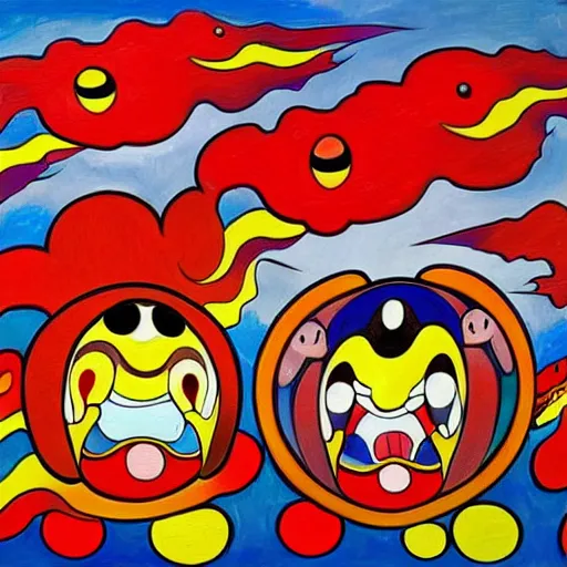 Image similar to Three bright red demons flying up from a desert canyon in the style of Takashi Murakami, highly detailed