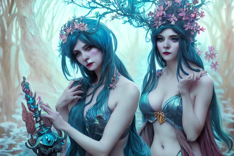 Prompt: beautiful ancient frost witch cosplay, pool party, highly detailed, digital painting, artstation, sharp focus, illustration, art by tan zi and ayanamikodon and alphonse mucha and wlop