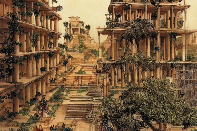 Image similar to ancient city of Babylon, hanging gardens of babylon. Robot mechas roaming the streers of ancient babylon. By beethoven, highly detailed