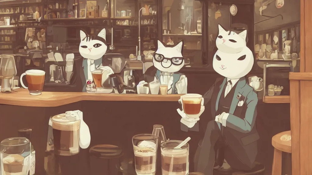 Prompt: a highly detailed portait of a cute little anthropomorphic cat barista wearing a suit in a coffee shop by studio ghibli, tiny, small, cute and adorable, pretty, beautiful, character art portrait, matte painting, Artstation