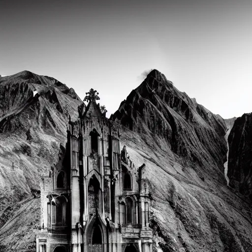 Image similar to photograph of an intimidating and mysterious cathedral built into the side of a Himalayan mountain at a high elevation, designed by I.M. Pei and Giger, cinematic lighting, dramatic masterpiece, magic hour, vultures flying in sky