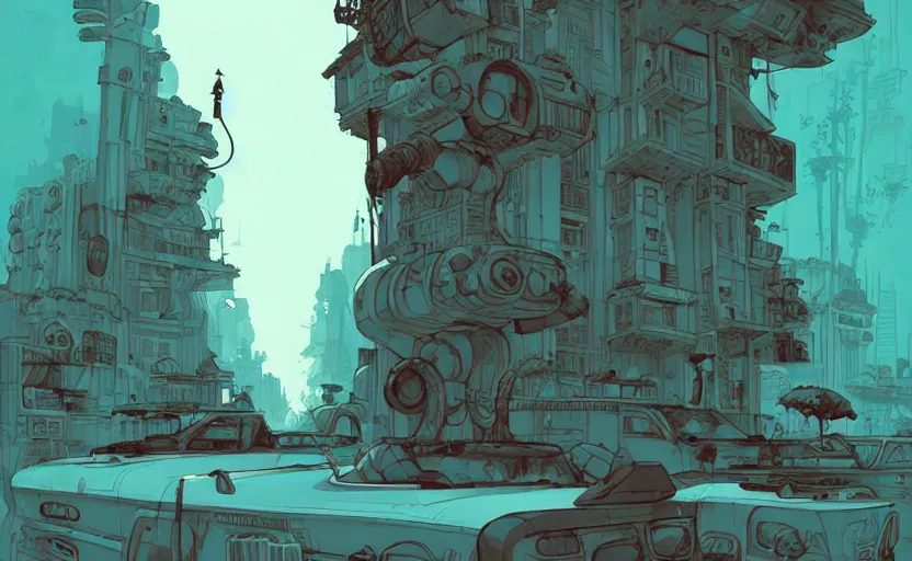 Prompt: lost city by greg tocchini, by james gilleard, by joe fenton, by kaethe butcher, dynamic lighting, gradient light blue, brown, blonde cream and white color scheme, grunge aesthetic