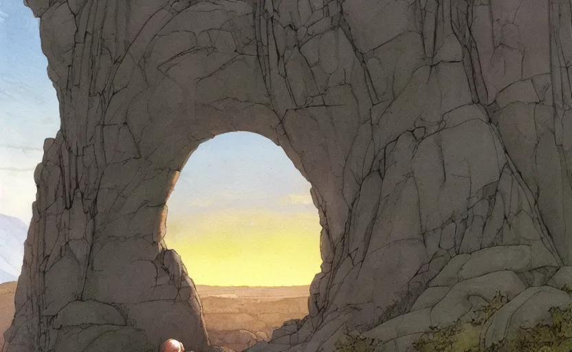 Prompt: a hyperrealist watercolor concept art of a medieval monk in grey robes looking at a sunset through a rock arch dimensional portal to an alien world. very muted colors, by rebecca guay, michael kaluta, charles vess. high detail, hq, wide shot, 4 k