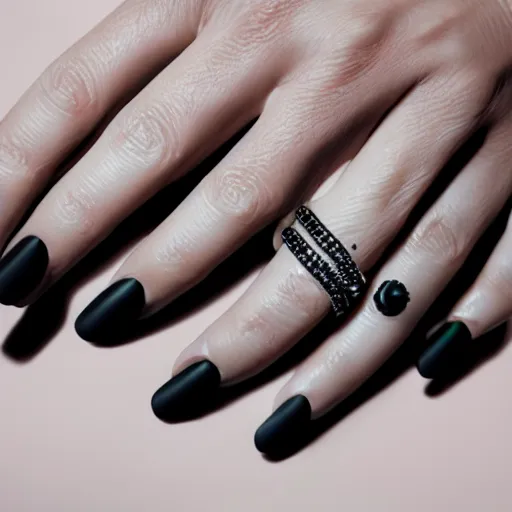 Image similar to photo of a human hand with black painted nails and a variety of rings