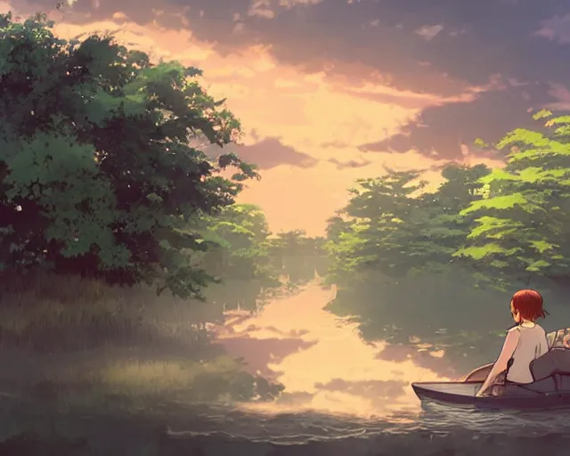 Image similar to a boy and a girl with long flowing auburn hair, boy has short black hair, sitting next to each other, facing the river in one single boat. Atmospheric lighting, long shot, romantic, boy and girl are the focus, trees, blue water, narrow river, close river bank, shady. Anime. By Makoto Shinkai, Stanley Artgerm Lau, WLOP, Rossdraws, James Jean, Andrei Riabovitchev, Marc Simonetti, krenz cushart, Sakimichan, D&D trending on ArtStation, digital art.