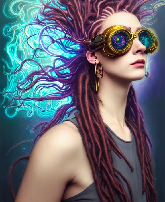 Prompt: a whirlwind of souls rushing inside the metaverse, half body, dreads, sunglasses, jewelry, hologram, android, cyborg, cyberpunk face, by loish, d & d, fantasy, intricate, elegant, highly detailed, colorful, vivid color, digital painting, artstation, concept art, art by artgerm and greg rutkowski and alphonse mucha