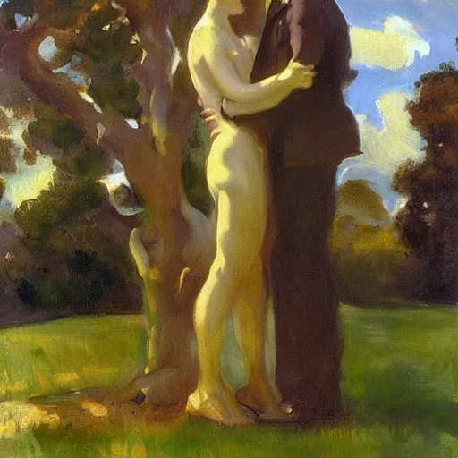 Image similar to a man and woman with tree heads watering each other, beautiful, john singer sargent style painting