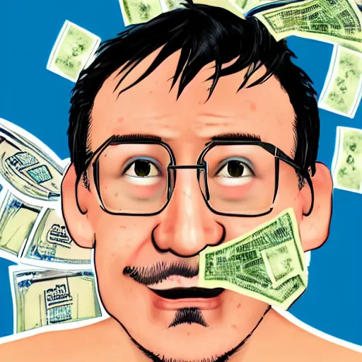 Image similar to a caricature of Markiplier inside a shower full of money which covers his body.