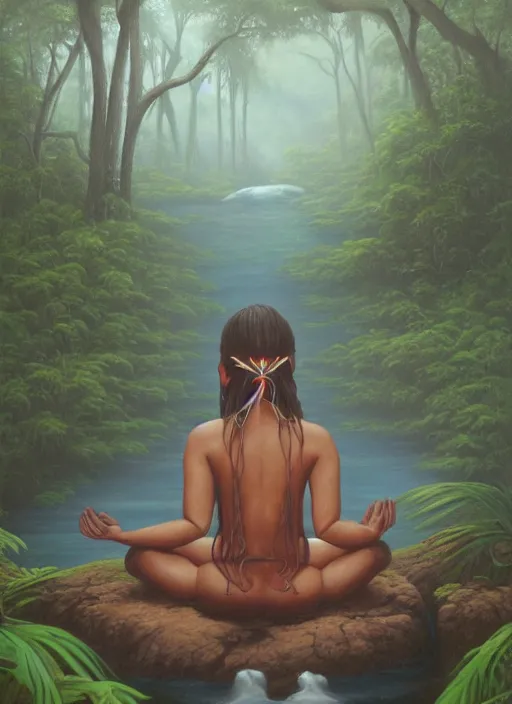 Prompt: a realistic painting of an indigenous woman meditating near a river in the amazon jungle, highly detailed, trending on devian art, art by christophe vacher
