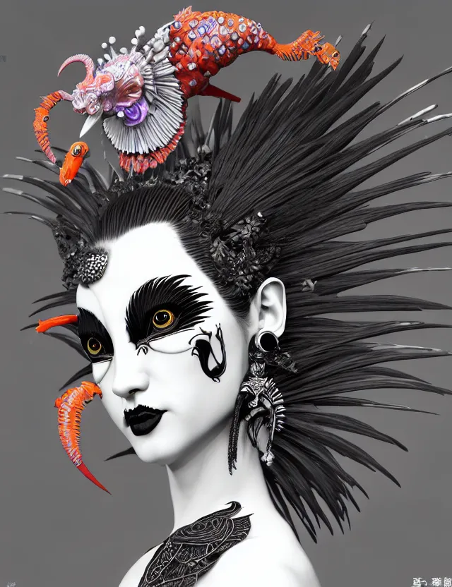 Image similar to 3 d goddess close - up profile portrait punk with mohawk with ram skull. beautiful intricately detailed japanese crow kitsune mask and clasical japanese kimono. betta fish, jellyfish phoenix, bio luminescent, plasma, ice, water, wind, creature, artwork by tooth wu and wlop and beeple and greg rutkowski