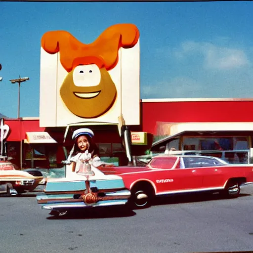 Prompt: The mascot for a once-popular fast food chain, 1970, colour photography