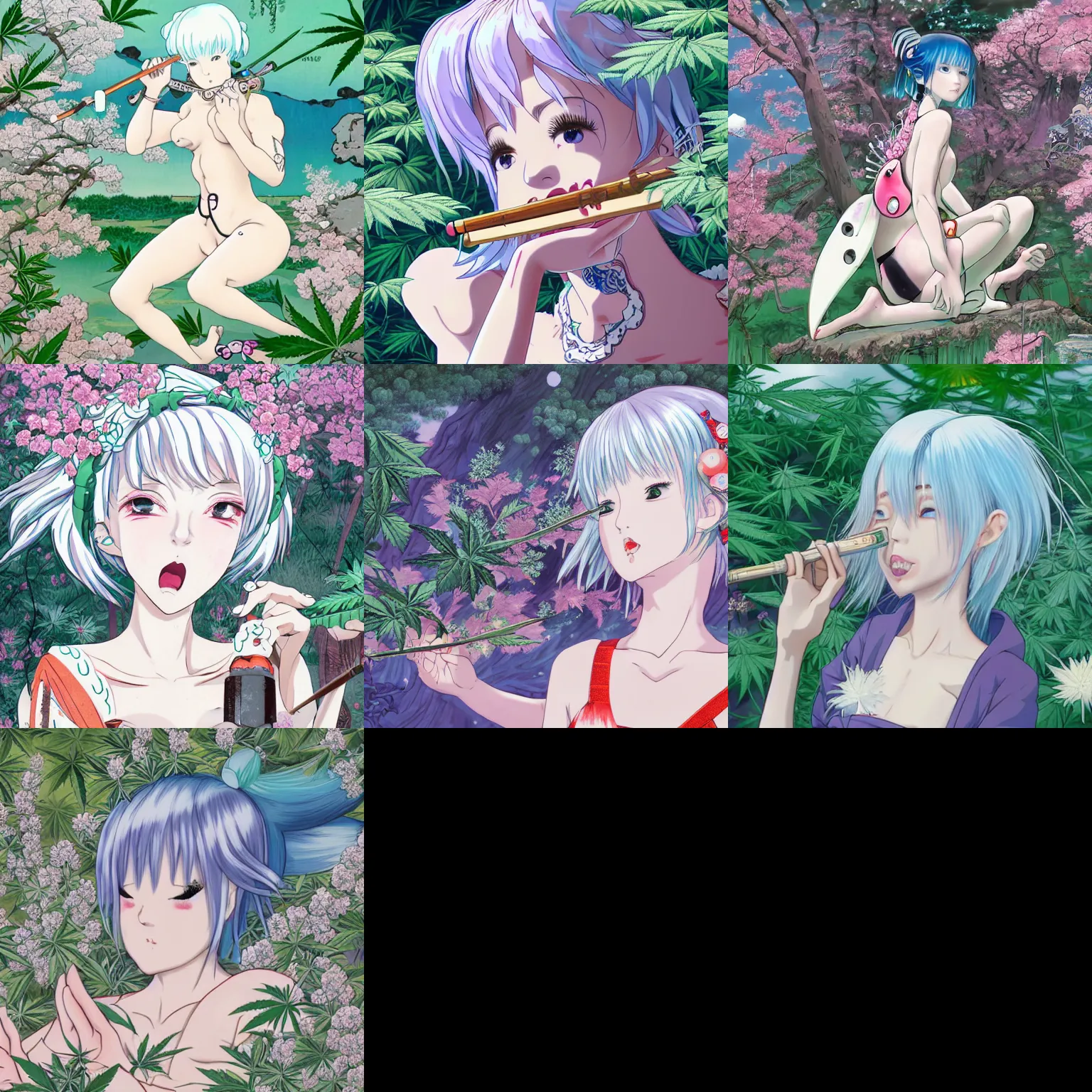 Prompt: 16k kawaii footage. a beautiful Ukiyo-e cutaway of a traumacore fairycore ghostgirl rei ayanami. White hair. in a liminal marijuana forest. playing the magical flute in a forest temple garden. delights. aesthetic, concept art, Artstation, CGsociety, Ross Tran, marijuana details inspired by studio ghibli. 4k, Keyframe Concept art by thomas kinkade monet, Trending on ArtStation. Japan in a lush flora of water dripping leaves and echoing blue rings of sound emanating from the center of the screen with a faint turquoise glowing aura fractal pearlescent iridescent surrealist turbulent bismuth glitchart Luminism Romanticism by John William Waterhouse Beksinski Finnian MacManus Ruan Jia, by android jones, by moebius, detailed full body portrait of elegant king of the elves unseelie fairy, evening formal robes, digital illustration, Howl's Moving Castle, tranquil divine observer Nymph by ismail inceoglu nicola samori dragan bibin hans thoma greg rutkowski Alexandros Pyromallis Nekro Rene Margitte illustrated, official anime key medialovely scene from breathe of the wild. 16k glitchcore. inspired by ghosts.