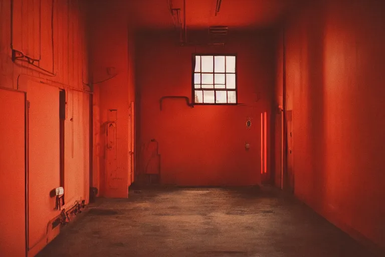 Image similar to film photography of industrial red room interior in golden hour, soft light, no focus