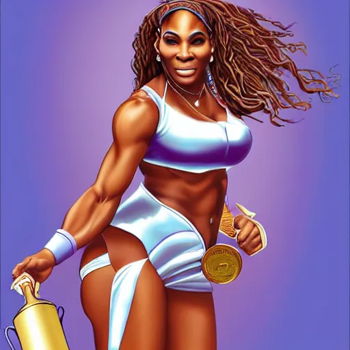 Image similar to serena williams as aphrodite holding the us open trophy illustration by artgerm