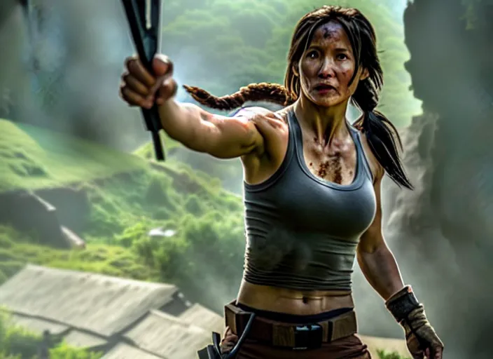 Image similar to film still of jackie chan as lara croft in new tomb raider movie, 8 k