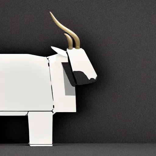 Image similar to a mechanical cow with big head and horns, minimalist style, metal, 3D art, in style of Baymax, smooth