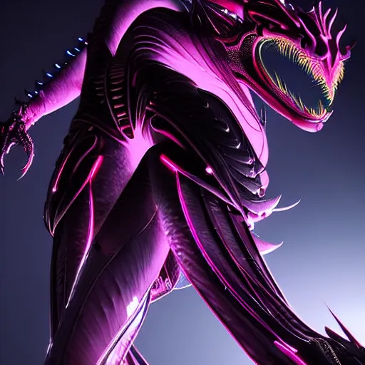 Prompt: worm's eye view from the floor, looking up, at a highly detailed 300 foot tall beautiful majestic stunning female warframe, as an anthropomorphic female robot dragon, posing elegantly over you, two massive detailed legs towering over you, matte black armor with glowing pink accents, sharp detailed claws, hip and leg shot, upward shot, front shot, giantess shot, epic shot, high quality fanart, highly detailed art, realistic, professional digital art, high end digital art, captura, furry art, anthro art, DeviantArt, artstation, Furaffinity, 8k HD render, epic lighting