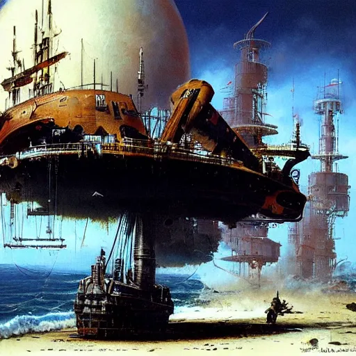 Prompt: realistic illustration retrofuturistic dieselpunk pirate ship exploration survey sci-fi peter elson, john berkey