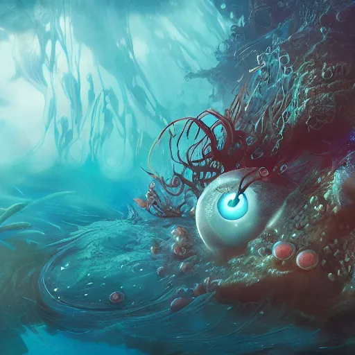 Image similar to beautifully stunning eye submerged in the depths of the ocean, james jean, brian froud, ross tran, ultra detailed, atmospheric, epic composition, coral reef, cinematic, unreal engine, flares, particles, volumetric light