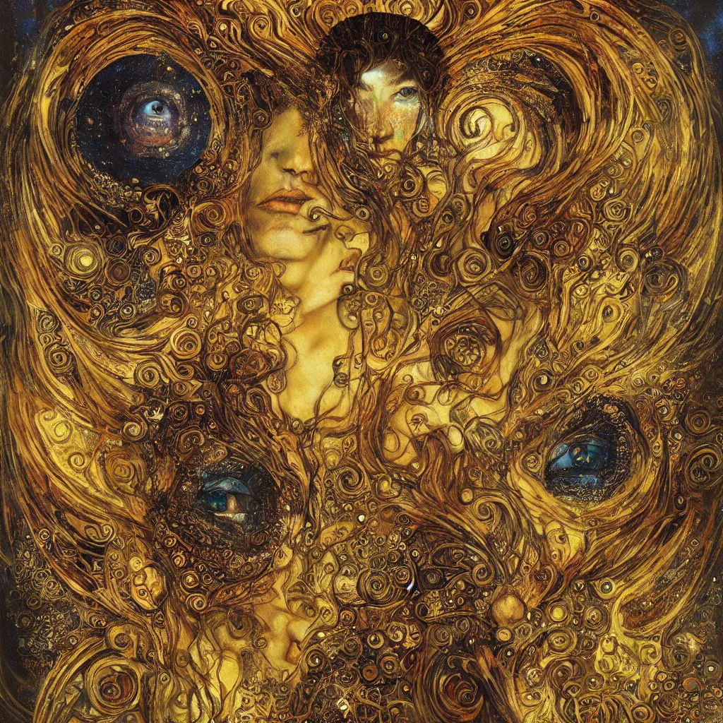 Image similar to Divine Chaos Engine by Karol Bak, Jean Deville, Gustav Klimt, and Vincent Van Gogh, beautiful visionary mystical portrait, sacred, otherworldly, fractal structures, Surreality, ornate gilded medieval icon, third eye, spirals, horizontal symmetry