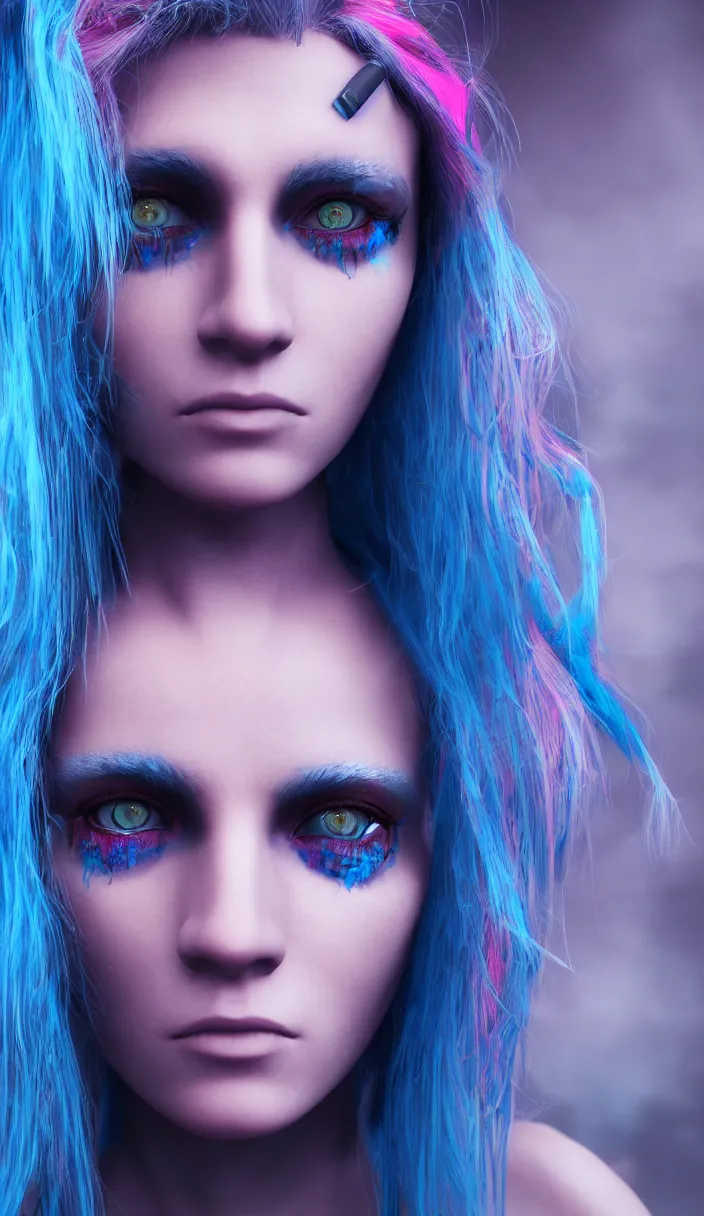 Image similar to a portrait of a cyberpunk woman, blue neon hair, pink eyes, hyperdetailed, rtx, hdr, 3 d render, octabe render, 8 k.