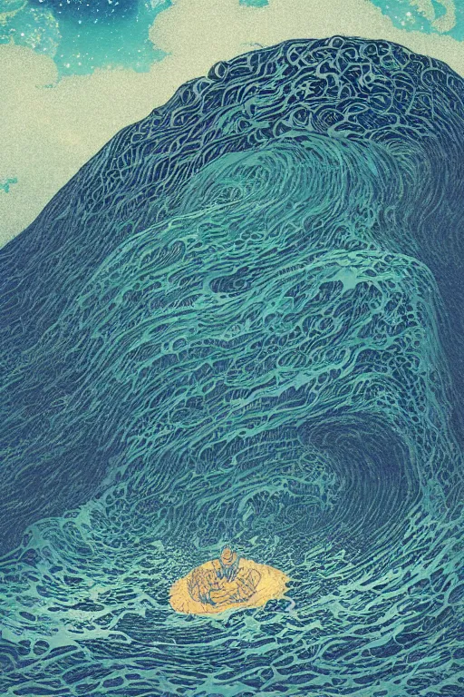 Prompt: a sea witch summoning a giant wave by dan mumford and gustav klimt and john harris and jean delville and victo ngai and josan gonzalez, highly detailed, photorealism, hyperrealistic, art deco, art nouveau