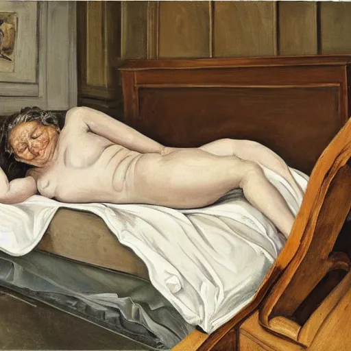 Prompt: lucian freud painting of old ema stone laying down on a victorian bed in a big old room