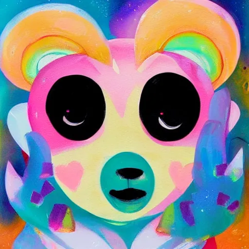 Prompt: a jeremiah ketner acrylic impasto!! illustration of an adorable and cute bear eating candy