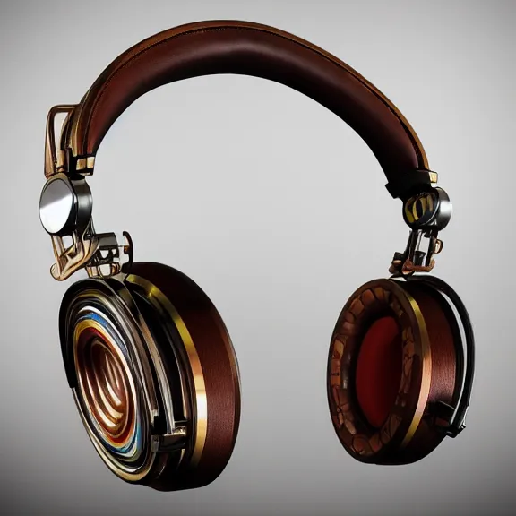Prompt: masterpiece photo of beautiful crafted artistic bismuth metal headphones, bismuth rainbow metal, bismuth cups, leather padding, displayed on mahogany desk, modernist headphones, bismuth headphones beautiful well designed, hyperrealistic, audiophile, intricate hyper detail, extreme high quality, photographic, meze audio, sennheiser, hifiman, artstation, abyssal audio