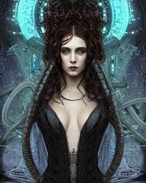Prompt: Pre-raphaelite Perfectly-centered Hyperdetailed Hyper realistic symmetrical cinematic RPG digital art portrait-illustration of a beautiful aetherpunk cyberpunk Medusa in a black long otherworldly dress> and ravepunk snakes for hair, next to lovecraftian towers in a surreal landscape, style of epic sci-fi comic-book cover, 3D rim light, octane, cgsociety, smooth, sharp focus