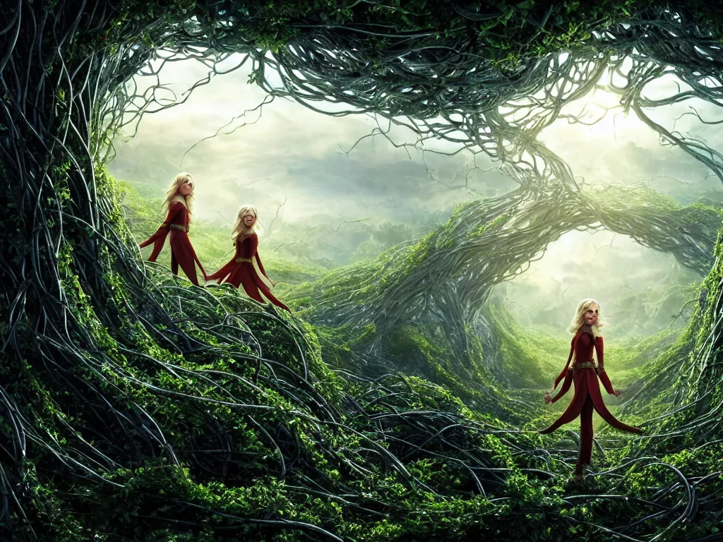 Prompt: elves brightly lit by strong sunlight shining through vast hyperdetailed tangled vines, award winning movie scene by stephen spielberg, imax movie scene, magical energy, 8 k scenery, award winning boxoffice movie still, perfect lighting balance, hdr, focus stacked, archviz, volumetrics, light shafts