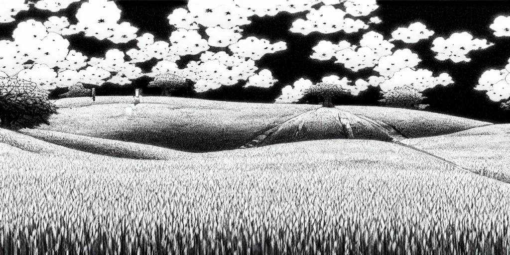 Prompt: a peaceful meadow, black and white manga panel, makoto yukimura, naoki urasawa fantasy