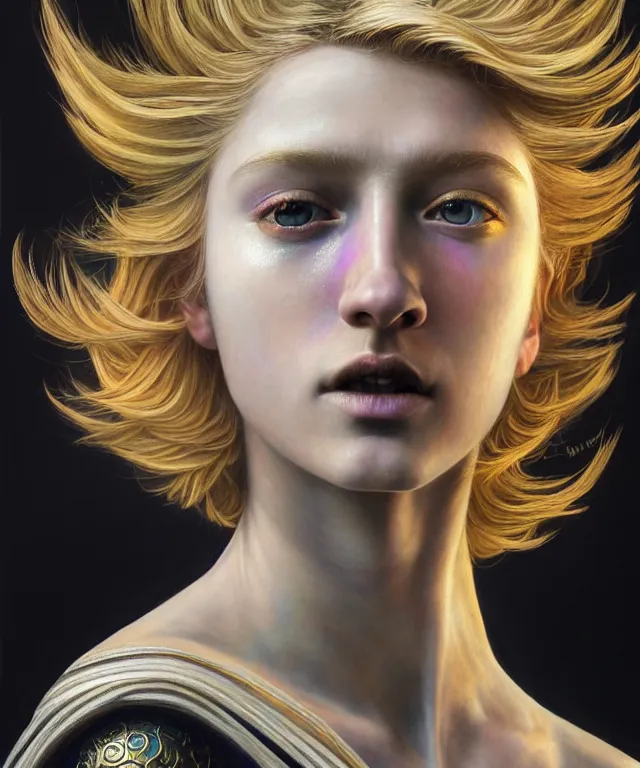 Prompt: hyperrealistic mixed media painting of a beautiful young female wizard, stunning 3d render inspired art by P. Craig Russell and Barry Windsor-Smith + perfect facial symmetry + dim volumetric lighting, vibrant short blonde hair, pale skin, ornate black robes, dizzy, full body, confident heroic pose, 8k octane beautifully detailed render, post-processing, extremely hyperdetailed, intricate, epic composition, grim yet sparkling atmosphere, cinematic lighting + masterpiece, trending on artstation, very very detailed, masterpiece, stunning