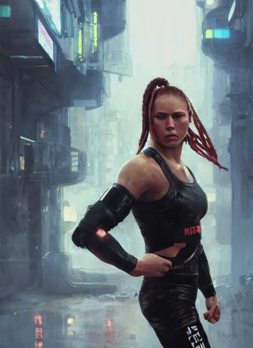 Image similar to ronda rousey teaches self defense. cyberpunk mercenary in a cyberpunk jumpsuit ( blade runner 2 0 4 9, cyberpunk 2 0 7 7 ). orientalist portrait by john william waterhouse and james gurney and theodore ralli and nasreddine dinet, oil on canvas. cinematic, hyper realism, realistic proportions, dramatic lighting, high detail 4 k