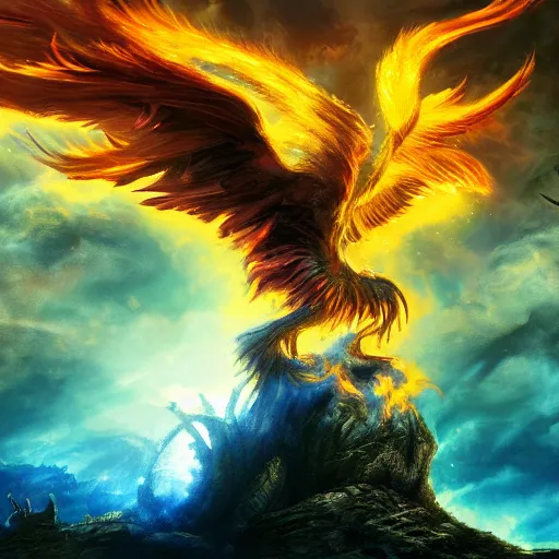 Image similar to fantasy art 4 k htper detailed photo phoenix rising from ashes