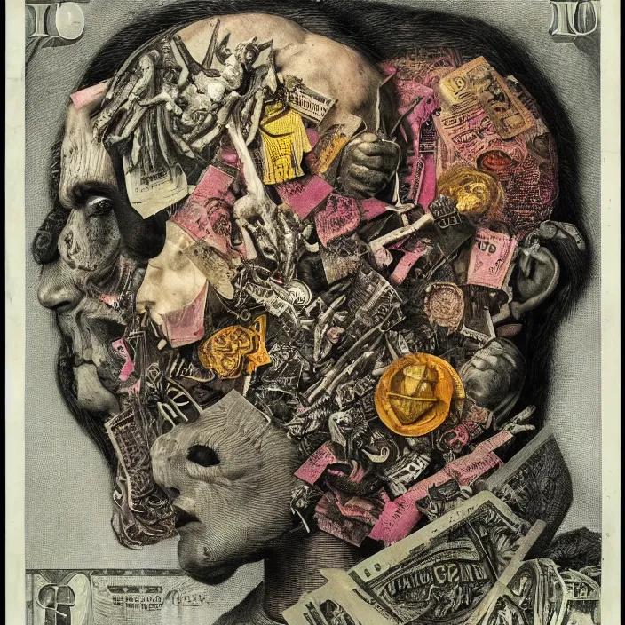 Prompt: post - punk album cover, asymmetrical design, dollar bank notes, capitalism, magic, apocalypse, psychedelic, black white pink, highly detailed, magic, giger h. r., giuseppe arcimboldo