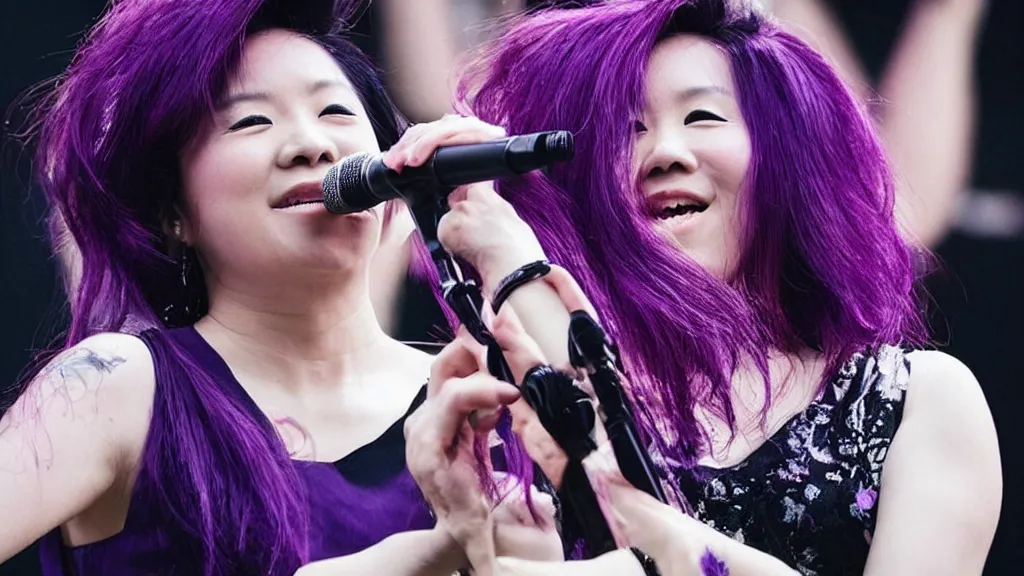 Prompt: “ miriam yeung with purple hair, sing in a concert, highly detailed ”