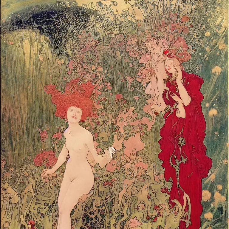 Prompt: There is a woman in a red dress, with white hair on a golden background, with pink flowers Anton Pieck,Jean Delville, Amano,Yves Tanguy, Alphonse Mucha, Ernst Haeckel, Edward Robert Hughes,Stanisław Szukalski and Roger Dean