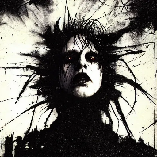 Image similar to gaunt ( the cure fan ) as dream from sandman, dim stars as eyes, by jeremy mann, by cedric peyravernay, by by russ mills, by richard avedon and ben templesmith, dramatic lightning, sadness, dark eye sockets, in the shadows, punk rock, gothic, high detailed, 8 k