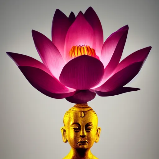 Prompt: a golden yogi man, sharp focus, volumetric lighting, trending on artstation, 8k, very very very beautiful, pink lotus flower, by caravaggio