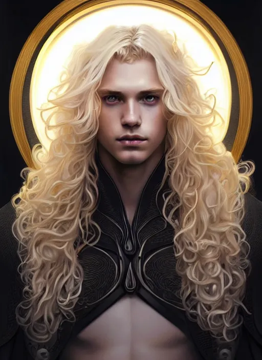 Image similar to symmetry portrait of a pale blond young androgynous prince with very curly long blond curly hair, sci - fi, black steel cyborg body tech wear, glowing lights intricate, elegant, highly detailed, digital painting, artstation, concept art, smooth, sharp focus, illustration, art by artgerm and greg rutkowski and alphonse mucha