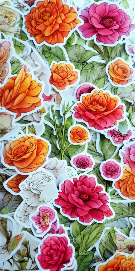 Image similar to beautiful flowers, by tran nguyen, warm colors, cozy, etsy stickers, white border, sticker sheet