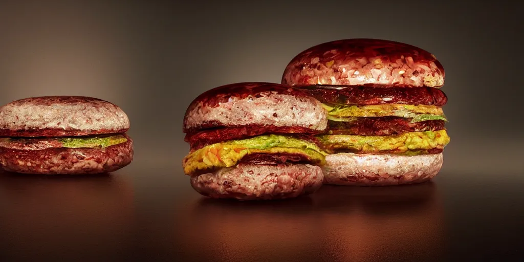 Image similar to a murano hamburger hybrid, digital art, dramatic product lighting