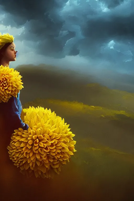 Image similar to closeup girl with huge yellow dahlia flower face, intricate, standing on mountain, surreal photography, blue storm clouds, dramatic light, impressionist painting, digital painting, artstation, simon stalenhag