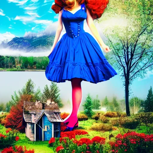 Image similar to giant alice in wonderland, pin up, houses, trees, mountains, woman, city, digital art, photo, blue dress, photoshop, flowers, collage, river