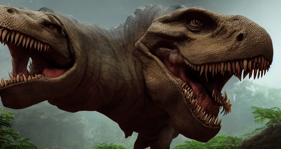 Image similar to closeup portrait of a colossal t-rex in a jungle environment roaring, dramatic lighting, cinematic, octane render, cgsociety, artstation, 4k