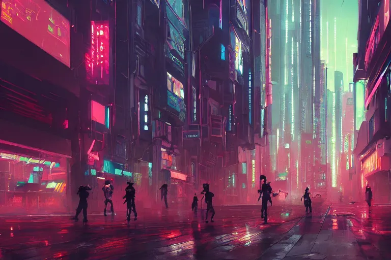 Prompt: cyberpunk street, by wlop, rain, poster, anime key visual, artstation